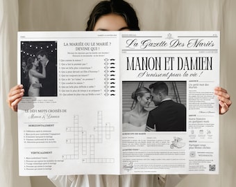 Gazette des Mariés 4 pages Élégante, Journal de mariage, Modèle Canva à Personnaliser A4 et A3