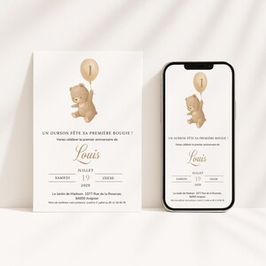 Carte invitation anniversaire ourson 1 an Canva modifiable français Format digital & imprimable