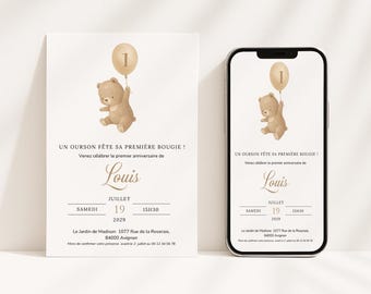 Cartão de convite de 1º aniversário para um ursinho de pelúcia no Canva, editável em francês, formato digital e para impressão