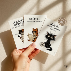 Cartes humour collègue à imprimer Pack 3 cartes chat & café  PDF numérique Cadeau bureau fun Carte à imprimer soi-même