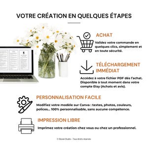 May include: An infographic titled VOTRE CR&Eacute;ATION EN QUELQUES &Eacute;TAPES featuring a laptop displaying a document, a glass vase with white flowers, and a pencil holder. Icons represent purchasing, downloading, customizing on Canva, and printing.