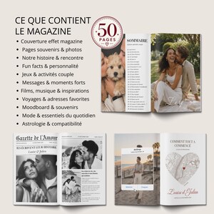 Peut inclure: Une maquette de magazine avec le titre "CE QUE CONTIENT LE MAGAZINE" et le texte "50 PAGES". Le magazine pr&eacute;sente des photos, des articles et une table des mati&egrave;res. Les pages incluent des images d'un couple et d'un chien.