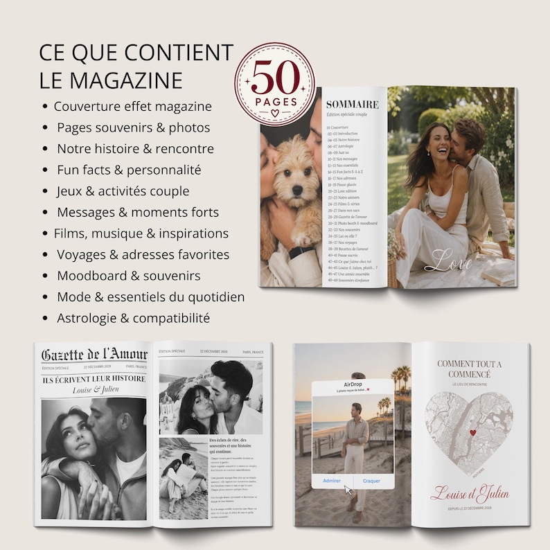 Peut inclure: Une maquette de magazine avec le titre "CE QUE CONTIENT LE MAGAZINE" et le texte "50 PAGES". Le magazine pr&eacute;sente des photos, des articles et une table des mati&egrave;res. Les pages incluent des images d'un couple et d'un chien.