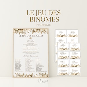Jeu des binômes mariage automne à imprimer animation invités style neutre beige or 40 binômes PDF à découper
