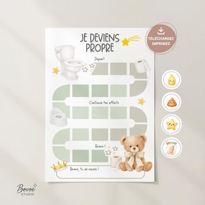 以下が含まれることがあります： 「JE DEVIENS PROPRE」のテキストと、トイレ、おまる、テディベアのイラストが描かれた白いチャート。チャートには、正方形と星のパス、そして「Depart」、「Continue tes efforts」、「Bravo！」のテキストが含まれています。