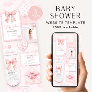 Könnte beinhalten: Eine Baby-Shower-Website-Vorlage auf einem Smartphone-Bildschirm in zartem Rosa mit Schleifen-Illustrationen. Das Layout enthält Bereiche für Veranstaltungsdetails, einen Link zur Geschenkliste, eine Windel-Tombola und einen Countdown-Timer.