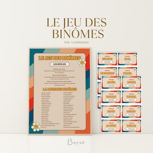 Jeu des binômes anniversaire adulte à imprimer activité invités fête rétro coloré 40 cartes PDF enfants ados