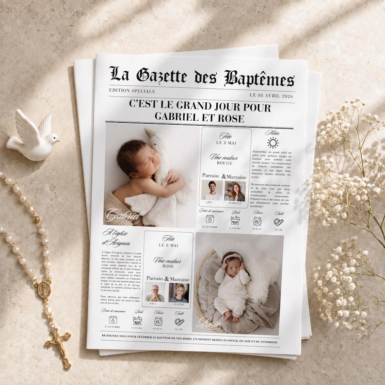 May include: A printed newspaper announcement titled La Gazette des Bapt&ecirc;mes featuring photos of two infants, Gabriel and Rose. The layout includes text details about their baptism dates, godparents, and birth information, with a white dove and rosary.