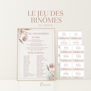 Jeu des binômes mariage rose à imprimer animation printable EVJF fête élégante 40 binômes PDF floral raffiné