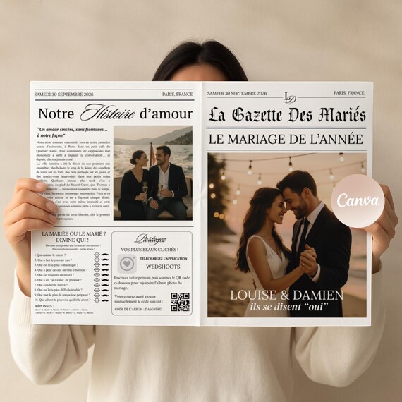Journal des Mariés, Gazette des mariés français, Faire part de Mariage modifiable, Souvenir de mariage style journal