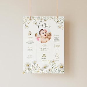 Póster personalizado de bautizo o cumpleaños, motivo de margaritas, editable con Canva - 1 año
