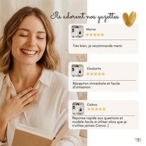 May include: A woman smiling while holding a book, with customer reviews displayed on the right. The reviews include star ratings and positive comments in French. The phrase "Ils adorent nos gazettes" is at the top.