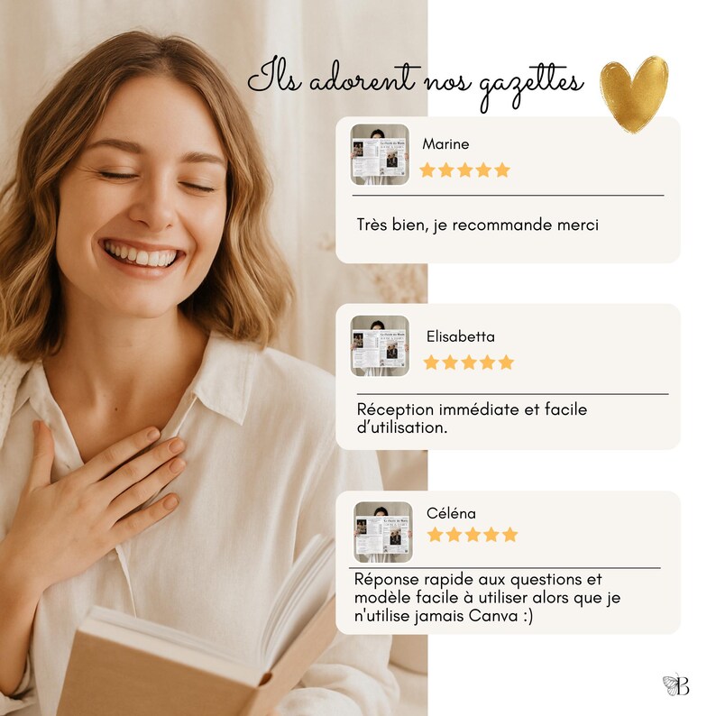 May include: A woman smiling while holding a book, with customer reviews displayed on the right. The reviews include star ratings and positive comments in French. The phrase "Ils adorent nos gazettes" is at the top.
