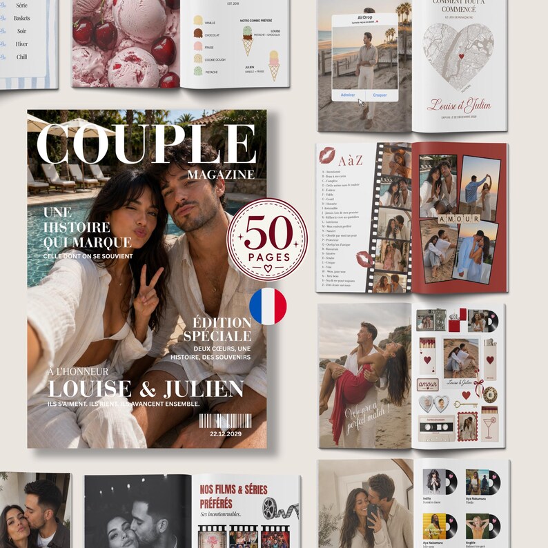Peut inclure: Une présentation de magazine avec une couverture indiquant "COUPLE MAGAZINE" avec une photo d'un couple. La couverture comprend également le texte "UNE HISTOIRE QUI MARQUE" et "50 PAGES". D'autres pages montrent des photos de couples et des thèmes de mariage.