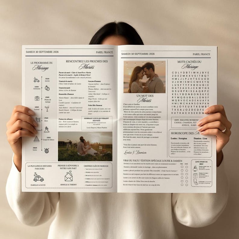 May include: A wedding program with the text "Le Programme du Mariage" and "Rencontrez les Proches des Maries." The program includes photos, a word search, and the text "Louise & Damien." The date is Saturday, September 30, 2026.