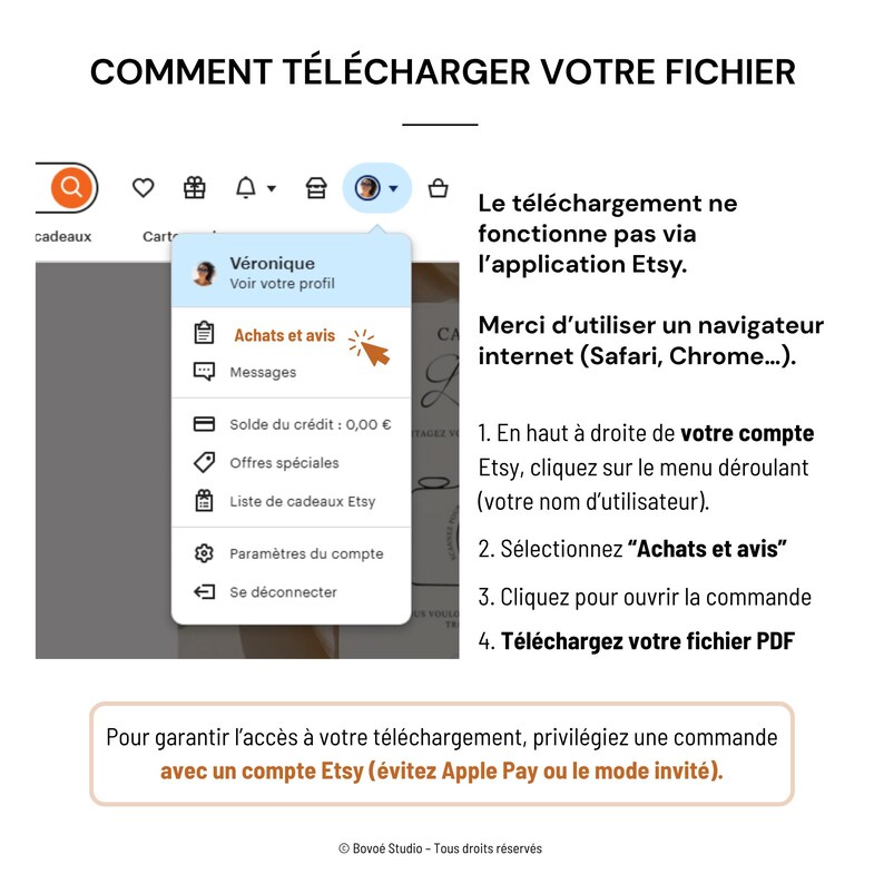 May include: Screenshot of Etsy website instructions in French. The image shows how to download a file after purchase. Text includes instructions on using a web browser instead of the Etsy app and using an Etsy account.