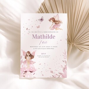 Carte d’invitation 1 an fille Fée Modèle Canva personnalisable à imprimer