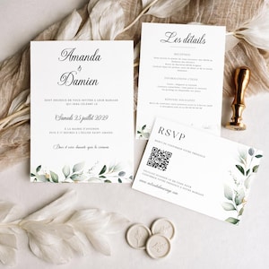 Peut inclure: Ensemble de faire-part de mariage élégant avec les noms "Amanda & Damien". L'invitation comprend des détails, une carte RSVP avec un code QR et des éléments floraux décoratifs. Un sceau de cire doré et un tampon sont également présents.