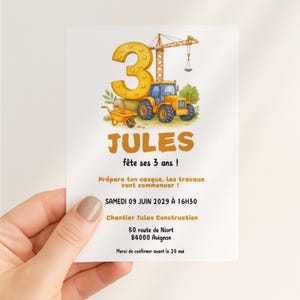 Construction site birthday invitation – Printable 3rd birthday announcement – Construction theme Canva template (in French)