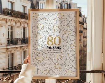 80 ans Affiche à imprimer, 80 cœurs à remplir, messages d'anniversaire, cadeau unique