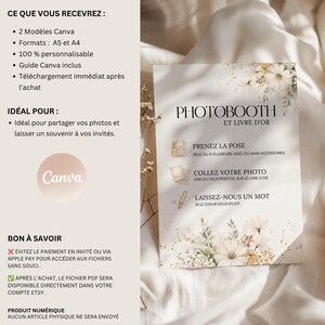 May include: A digital product advertisement with the Canva logo and the text "PHOTOBOOTH ET LIVRE D'OR". The design features floral accents and instructions for use. The text includes details about the product's features and how to use it.