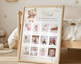 Personalized "My First Year" poster with teddy bear and balloon, 12 baby photos month by month, 1-year keepsake customizable with Canva