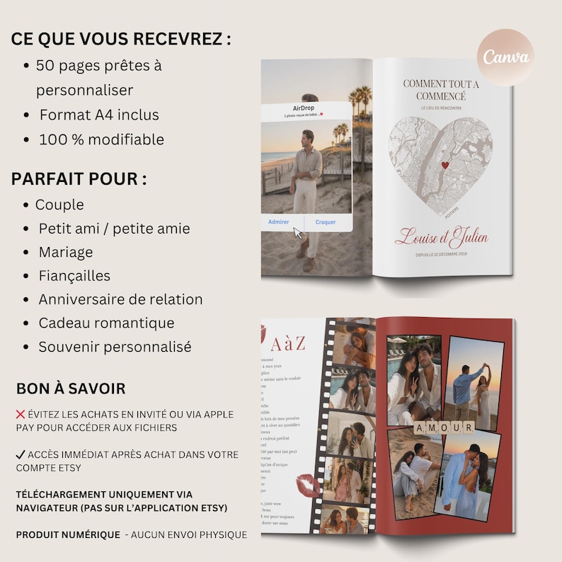 Peut inclure: Un album photo num&eacute;rique avec une couverture rouge, contenant des photos et du texte. L'album comprend une carte en forme de c&oelig;ur et les mots "Louise & Julien". Le texte &agrave; gauche &eacute;num&egrave;re les caract&eacute;ristiques et les utilisations.