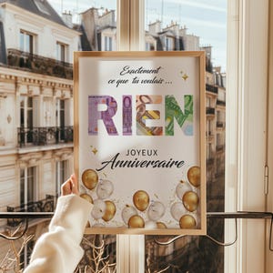 Cadeau Anniversaire Rien, Affiche drôle pour billets à offrir, Affiche surprise à imprimer