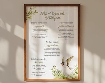 Poster of the Four Toltec Agreements, Botanical, Printable Quote, Personal Development, Kindness and Spirituality