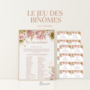 Jeu des binômes bohème mariage à imprimer animation invités EVJF fête champêtre PDF 40 duos vintage fleurs séchées