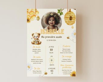 Póster de cumpleaños de oso de miel personalizado, modelo Canva para bebé de 1 año, temática de abejas, naturaleza amarilla para imprimir A4 mixto