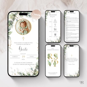 Eucalyptus Baptism Invitation - Customizable Digital Announcement on Canva (French)