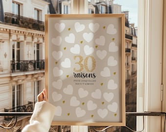 Affiche à imprimer 30 cœurs à remplir, idée cadeau et déco pour anniversaire 30 ans