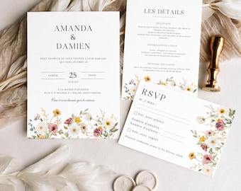 May include: A wedding invitation suite featuring a main invitation, a details card, and an RSVP card, all printed on white paper with floral illustrations in yellow, pink, and green. A gold wax seal stamp is placed next to three wax seals.