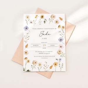 Kwiatowa kartka urodzinowa dla dziewcząt Cyfrowe zaproszenie do personalizacji Canva Design Wildflowers Countryside do wydrukowania