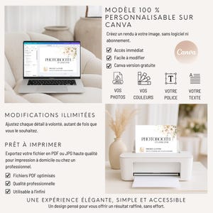 May include: A laptop displaying a Canva design template, a printer with a printed card, and text in French. The card reads "Photobooth et Livre d'Or". The image promotes customizable designs for printing.