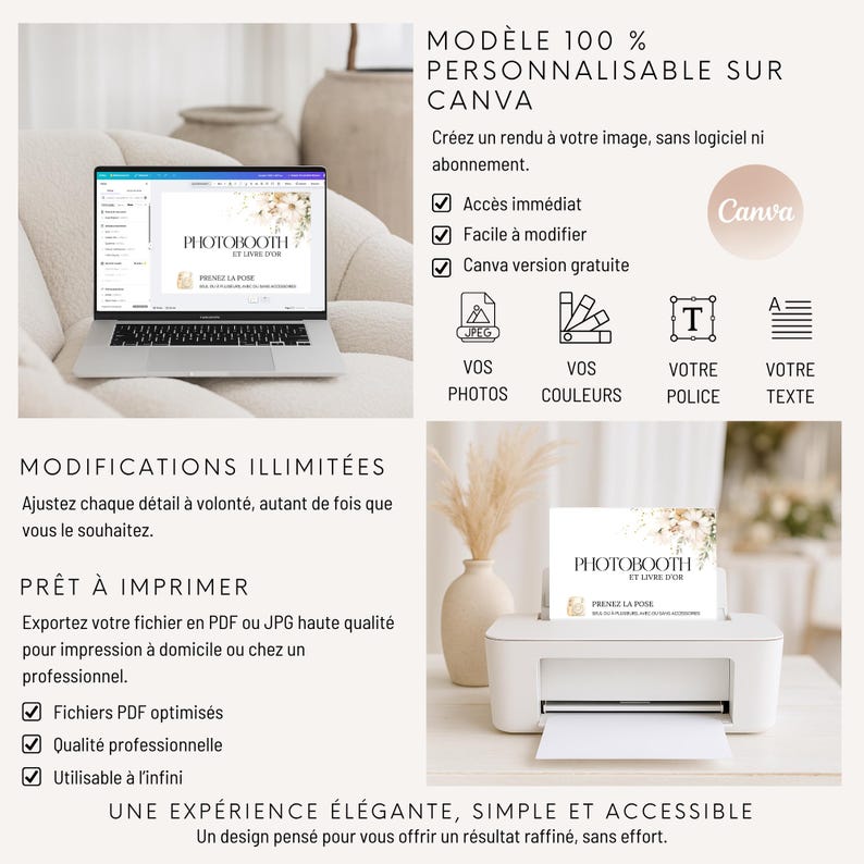 May include: A laptop displaying a Canva design template, a printer with a printed card, and text in French. The card reads "Photobooth et Livre d'Or". The image promotes customizable designs for printing.