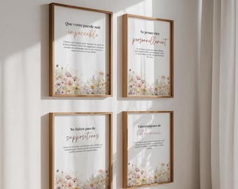 Printable poster of the Four Agreements: Wisdom, Spirituality, and Positive Affirmations in French for an Inspiring Decoration