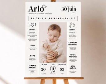 May include: A white milestone poster featuring a central photograph of a baby playing with a wooden ring toy. The text includes the name Arlo, birth date June 30, and various developmental milestones in French, including weight, height, and teeth count.