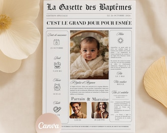 Gazette de Baptême Personnalisable - Modèle Canva 2 Pages - Journal Souvenir à Imprimer - Fille ou Garçon