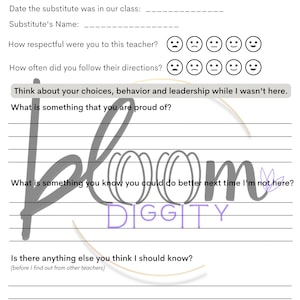 May include: Substitute teacher reflection form with questions about respect, following directions, and leadership. The form includes a section for the student to reflect on their choices and behavior, as well as what they are proud of and what they could do better next time.