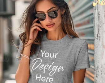 Heather Grey Bella Canvas 3001 T-Shirt Mockup, Urban Style Mockup, Gray Tee Mockup, Casual Wear Light Grey T-Shirt Template, Model Mockup