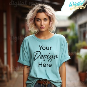 C1717 Mockup Lagoon Blue, Comfort Colors Mockup Lagoon Blue Comfort Colors 1717 Mockup, Trendy Oversized Tshirt Mockup, Blue Shirt Mockup