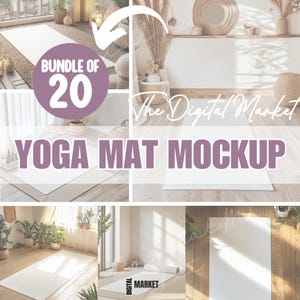 May include: A bundle of 20 white yoga mat mockups featuring various interior settings. The images display blank rectangular mats on wooden floors, some rolled and some flat, with text overlays reading BUNDLE OF 20 YOGA MAT MOCKUP.