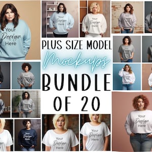 May include: A collection of twenty digital mockups featuring plus size models wearing various crewneck sweatshirts and t-shirts in colors including light blue, white, gray, and black, all displaying the placeholder text Your Design Here.