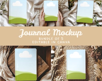 Hardcover Journal Mockup Canva Template, Book Mockup Bundle, Editable in Canva Drag and Drop Mockup, Boho Minimalist Notebook Canva Mockup