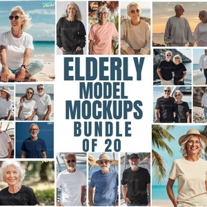 Könnte beinhalten: Eine Sammlung von 20 Mockup-Bildern, die ältere Erwachsene zeigen, die verschiedene T-Shirts tragen. Die Bilder sind an verschiedenen Orten aufgenommen, darunter ein Strand, ein Park und ein Wald. Der Text "ELDERLY MODEL MOCKUPS BUNDLE OF 20" wird in der Mitte des Bildes angezeigt.