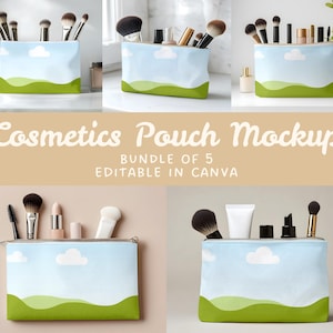 May include: A bundle of five cosmetics pouches featuring a light blue sky with white clouds and green rolling hills at the base. The pouches are filled with various makeup brushes and beauty products. The text reads Cosmetics Pouch Mockup.