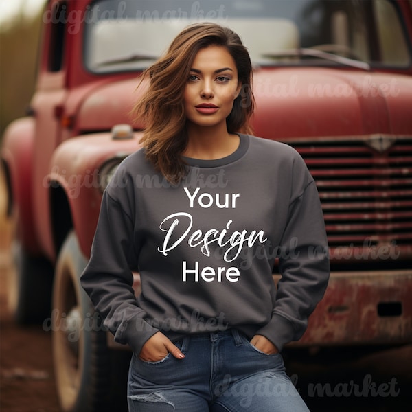 Dark Grey Heather Sweater, Heather Dark Grey Sweatshirt Mockup, Sweater Mockup, Gildan Sweatshirt Mockup, 18000 Gildan, Female Model Mockup