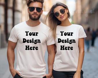 Maquette de couple en toile Bella blanche 3001, maquette de t-shirt pour couple, maquette en toile Bella 3001, maquette de couple en toile Bella 3001, maquette de chemise pour couple